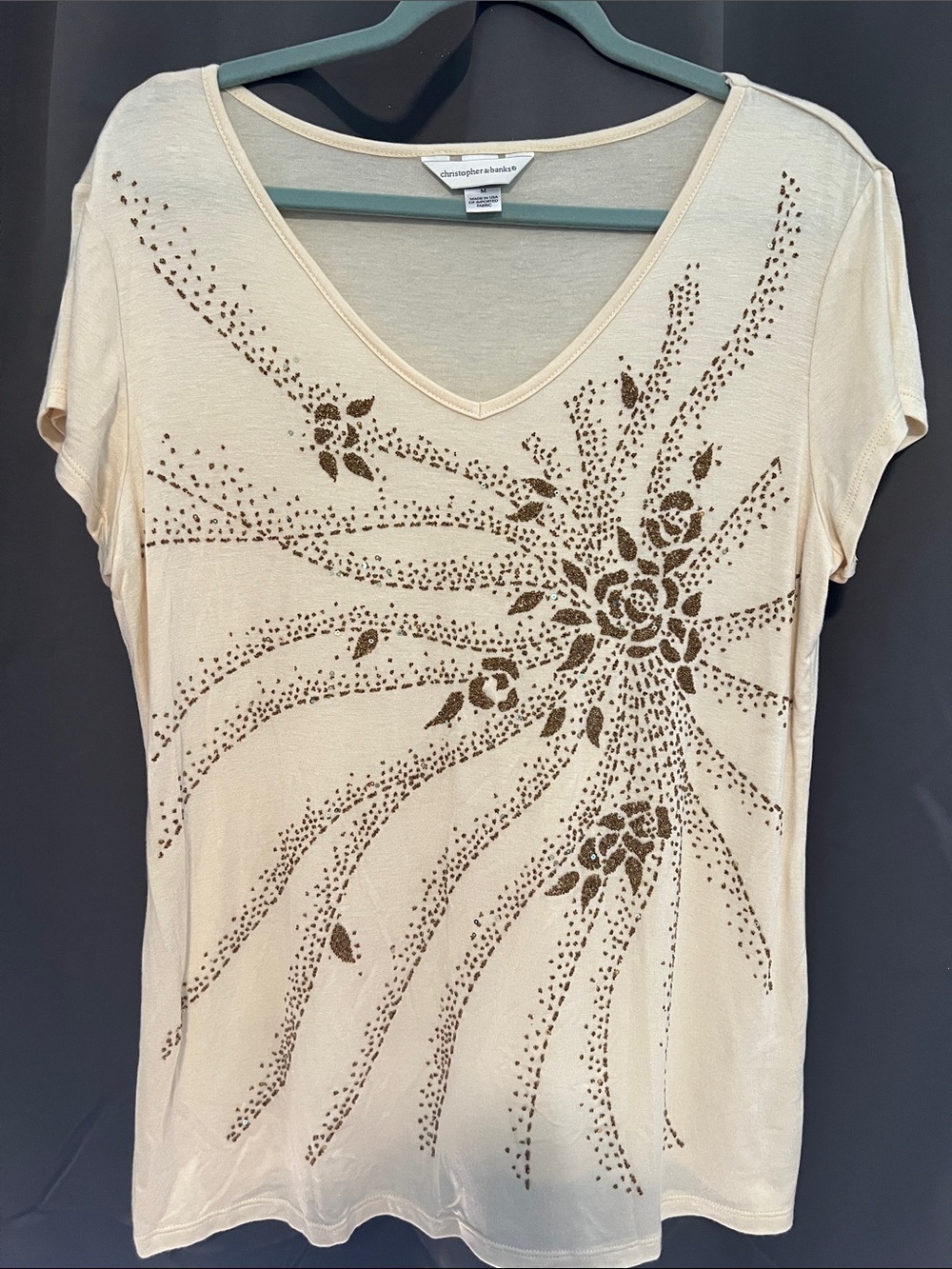 Christopher & Banks Cream Short Sleeve V-Neck Tee with Bronze Floral Studs